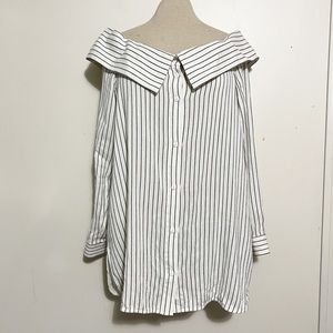 Tibi Striped Off the Shoulder Button Down Shirt 10